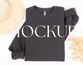 Vintage Black Cotton Heritage M2480 Crewneck Sweatshirt Mockup | Boho Flat Lay Real Product Photo