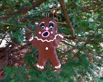 Bitten Gingerbread Man Folk Art Christmas Ornament Ooak Handmade Weird Creepy Christmas Yule Retro Gifts