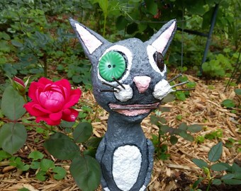 Extreme Primitive Folk Art Gray White Cat Paper Mache Art Doll Figure Ooak Spooky Tuxedo Cat Large