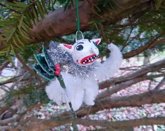 Creepy Christmas Winter Holly Fairy Ornament Chenille Goblin Naughty Weird Gifts Ooak Handmade Feather Tree Creepmas Yuletide Ornaments