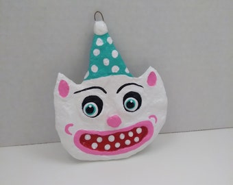Vintage Style Christmas White Party Cat Folk Art Ornament Holiday Weird Ooak Retro Gifts Paper Mache Handmade