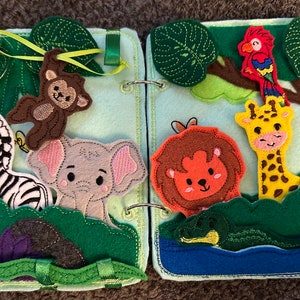 Jungle Animal Toddler Quiet Book - Busy Book - Zoo Animal Activity Book - Gift for Toddler - Animal Finger Puppets - Educational Quiet Book