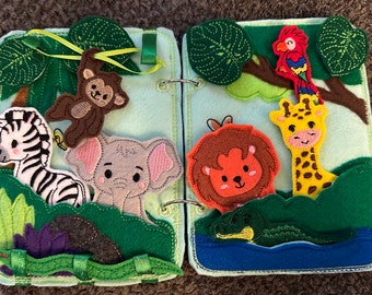 Jungle Animal Toddler Quiet Book - Busy Book - Zoo Animal Activity Book - Gift for Toddler - Animal Finger Puppets - Educational Quiet Book