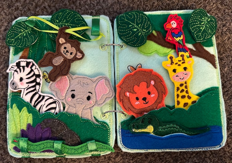 Jungle Animal Toddler Quiet Book Busy Book Zoo Animal Activity Book Gift for Toddler Animal Finger Puppets Educational Quiet Book image 1