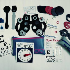 May include: A set of felt eye exam tools for pretend play. The set includes an eye chart, eye exam form, eyeglass frames, a doctor's badge, and a felt eye chart. The tools are colorful and fun for kids to use.