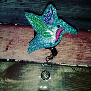 Embroidered Hummingbird Badge Reel: Retractable Alligator Clip ID Holder