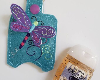 Hand sanitizer holder - glitter vinyl dragonfly hand sanitizer holder - purse tag - sports bag tag - hand sanitizer fob - back pack tag