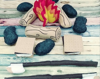 Felt campfire play set gift for kids- fake fire pit  - camper decor - bonfire - set for two - photography prop