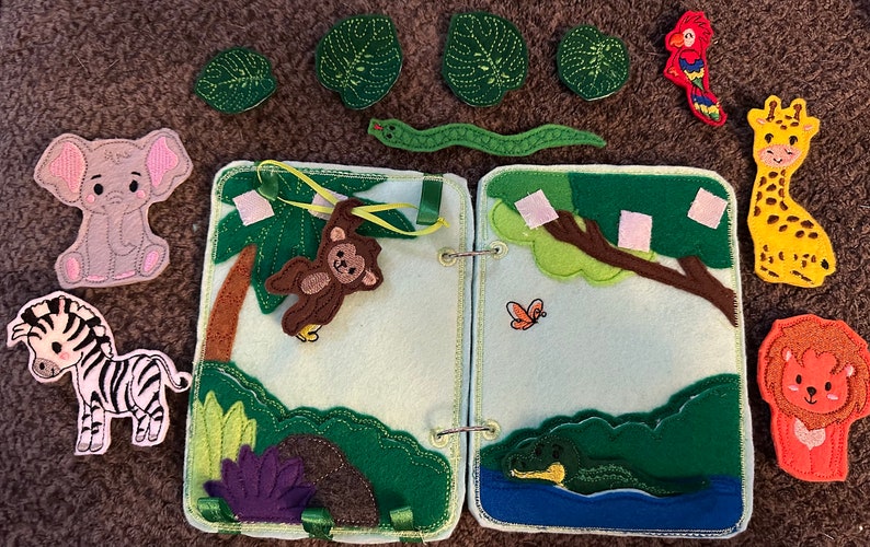 Jungle Animal Toddler Quiet Book Busy Book Zoo Animal Activity Book Gift for Toddler Animal Finger Puppets Educational Quiet Book image 2