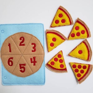 May include: A felt pizza game with six slices of pizza and a pizza base with numbers 1 through 6. The pizza slices are yellow with red pepperoni and a brown crust. The pizza base is brown with white numbers.