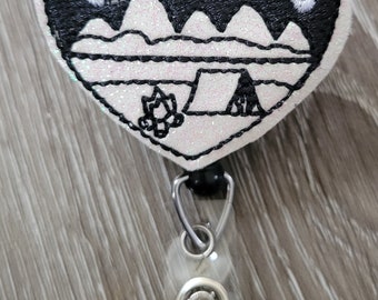 Camping Background Badge Reel - Campfire Retractable ID Badge Holder - name badge holder - Outdoors theme - cute badge reel - badge clip