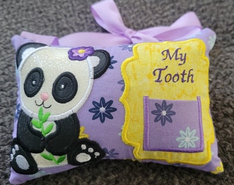 Panda Bear - Door Hanger Tooth Fairy Pillow - Lavender with Flowers - personalized keepsake - Girl tooth fairy pillow - custom colors