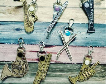 Band Musical Instrument keychain, flute, clarinet, saxophone, trumpet, trombone, french horn, drumsticks, gift for marching band students