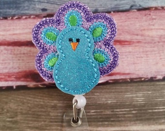 Badge Reel - Peacock - Retractable Badge Holder - uniform - ID Holder - bird - Nurse Gift - Hospital Employee Gift - peacock feathers