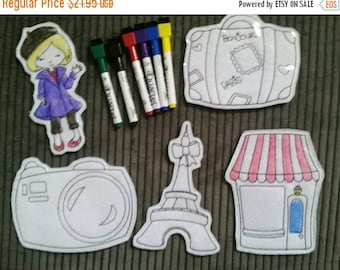 Paris Theme - Coloring Dolls - Quiet Activity - Busy Bags - Color again and again - Eiffel Tower - Camera - Boutique -  Doll - dry erase