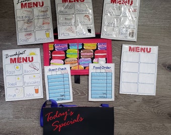 Waitress play set - Restaurant toys - Restaurant play set - pretend restaurant - pretend menus - pretend play - play kitchen- pocket apron
