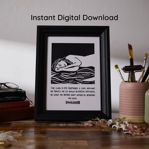Psalm 23, Lino Print, Psalm 23 Wall Art, The Lord Is My Shepherd, Prayer Warrior, Christian Art, Bible Sketches, Christian Meditation