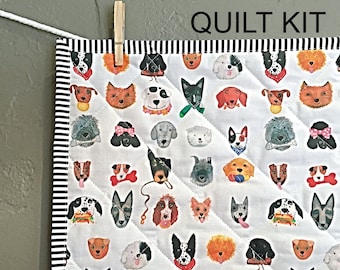 Dog Quilt Kit, Quilted Blanket Kit, Colorful Puppy Whole cloth Spoonflower Quilting Fabric, Girl Boy Nursery DIY Bedding, Sewing Supplies