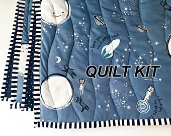 Space Baby Quilt Kit, Love you Moon and Back Quilted Blanket DIY KIT, Blue Moon Stars Solar Fabric, Baby Boy Girl Nursery Wall Decoration