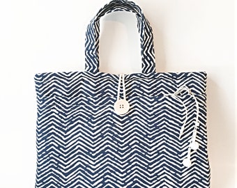 Women's iPad Bag with Handles in Navy Blue Herringbone Canvas Laptop Tote, Ladies iPad Pro for 10.9 10.2 and 11 inch w/ Adapter Cord Pocket