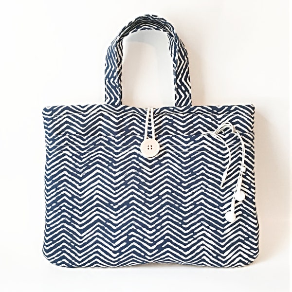 Women's iPad Bag with Handles in Navy Blue Herringbone Canvas Laptop Tote, Ladies iPad Pro for 10.9 10.2 and 11 inch w/ Adapter Cord Pocket