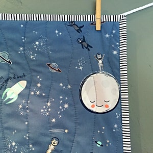 Space Nursery Quilt, Activity Blanket Love you to the Moon Back Quilted Galaxy Astronaut Quilt, Blue Baby Wall Decor, 1st Birthday Gift image 1