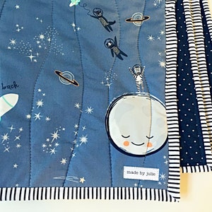 Space Nursery Quilt, Activity Blanket Love you to the Moon Back Quilted Galaxy Astronaut Quilt, Blue Baby Wall Decor, 1st Birthday Gift image 8