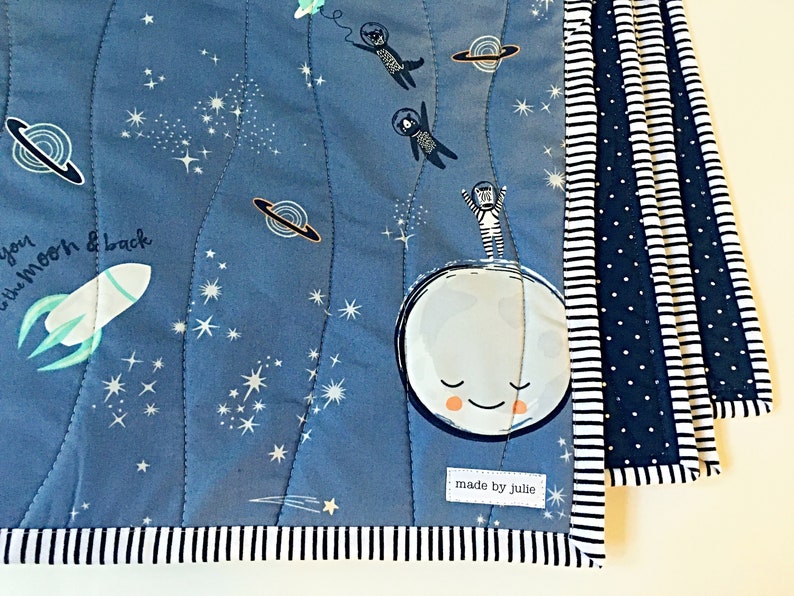 Space Nursery Quilt, Activity Blanket Love you to the Moon Back Quilted Galaxy Astronaut Quilt, Blue Baby Wall Decor, 1st Birthday Gift image 8