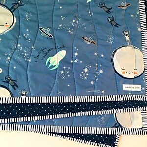 Space Nursery Quilt, Activity Blanket Love you to the Moon Back Quilted Galaxy Astronaut Quilt, Blue Baby Wall Decor, 1st Birthday Gift image 2