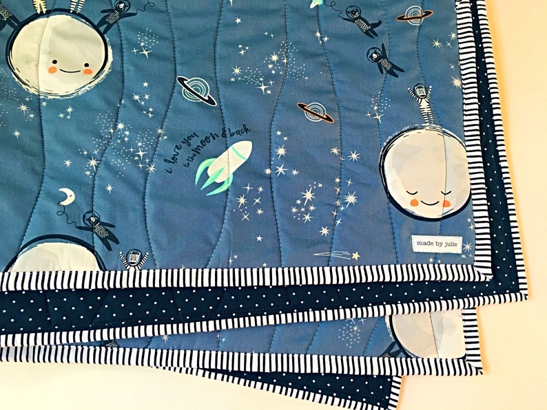 Space Nursery Quilt, Activity Blanket Love you to the Moon Back Quilted Galaxy Astronaut Quilt, Blue Baby Wall Decor, 1st Birthday Gift image 2