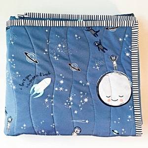 Space Nursery Quilt, Activity Blanket Love you to the Moon Back Quilted Galaxy Astronaut Quilt, Blue Baby Wall Decor, 1st Birthday Gift image 5