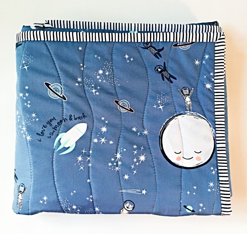 Space Nursery Quilt, Activity Blanket Love you to the Moon Back Quilted Galaxy Astronaut Quilt, Blue Baby Wall Decor, 1st Birthday Gift image 5