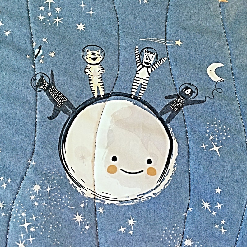 Space Nursery Quilt, Activity Blanket Love you to the Moon Back Quilted Galaxy Astronaut Quilt, Blue Baby Wall Decor, 1st Birthday Gift image 3