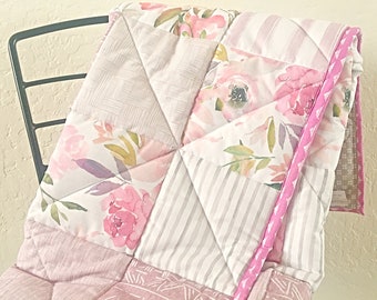 Lavender Patchwork Modern Baby Quilt, Baby Girl Wholecloth Quilt, Lilac Floral Baby Quilt, Boho Indie Baby Quilt Handmade Quilt Shower Gift