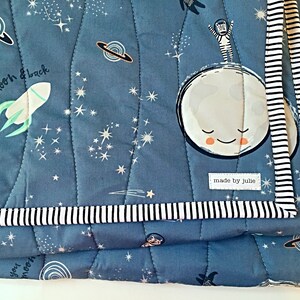 Space Nursery Quilt, Activity Blanket Love you to the Moon Back Quilted Galaxy Astronaut Quilt, Blue Baby Wall Decor, 1st Birthday Gift image 9