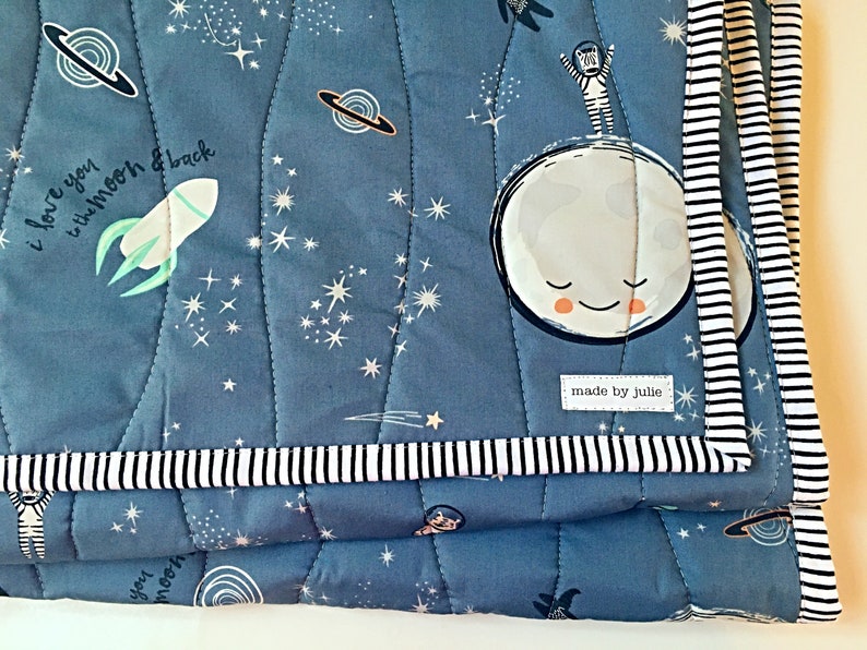 Space Nursery Quilt, Activity Blanket Love you to the Moon Back Quilted Galaxy Astronaut Quilt, Blue Baby Wall Decor, 1st Birthday Gift image 9