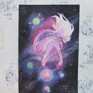 Acuarela de Chica Cósmica: Arte Galaxia Original (8,5 x 5,5)