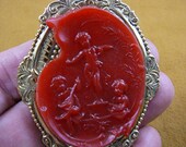Three angels cherubs playing mandolin harp music scene red CAMEO pin pendant brass brooch cred-64