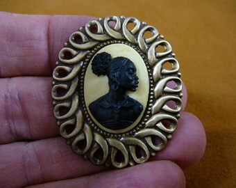 CA10-38 black oval CAMEO brass Pin Pendant jewelry RARE African American LADY ivory