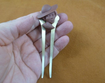 RARE AFRICAN American LADY in Church Hat brown CAMEO brass horquilla hairpin accesorio de pasador (CAH3-1)