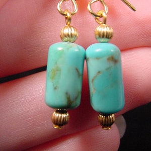 Teal Turquoise long cylinder gemstone bead gold tone wire dangle pair of earrings EE483-h