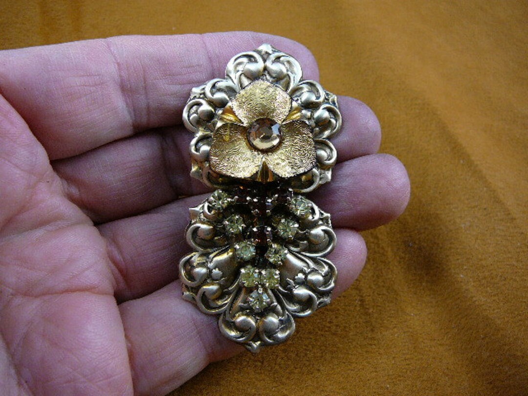 Gold Flower Triangle Yellow Brown Rhinestones Czech 1940's Glass