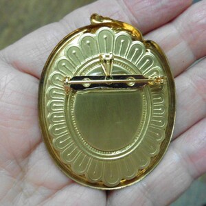 May include: Gold-toned oval brooch with a decorative border and a pin on the back.