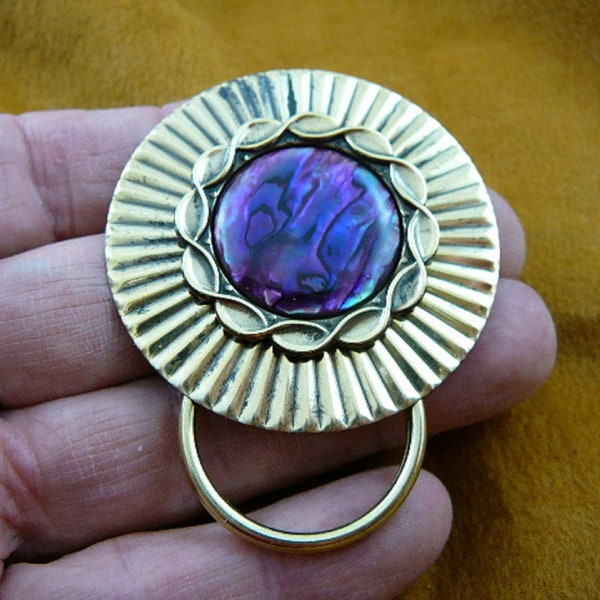 Purple blue black abalone New Zealand shell Paua on textured brass Eyeglass pin pendant ID badge holder E-753
