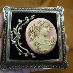 May include: A vintage cameo portrait of a woman with a floral design, framed in a gold-tone metal frame with a black velvet background.