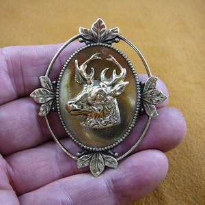 Deer buck rut love hunting leaf Victorian BRASS pin pendant brooch B-DEER-4