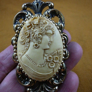 Lady Woman withbow in hair flower on her shoulder Cameo brass pin pendant brooch CL50-2