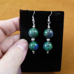 Green blue Rudy Zoisite 12mm round graduated beaded gemstone silver alloy dangle earrings EE702-2