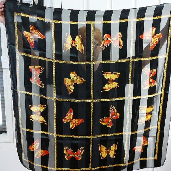 vintage Black striped polyester square yellow orange butterfly scarf scarve VS-6