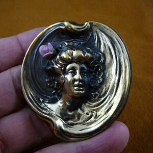 Woman hair in bun pink porcelain rose flower Victorian repro brass pin pendant B-WOM-33